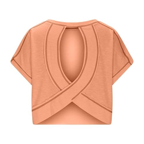 Womens Open Back Workout Tops Short Sleeve Y2k Yoga Shirts Athletic Gym Slouchy Crop Top Casual Backless Running Tees thumbnail 5