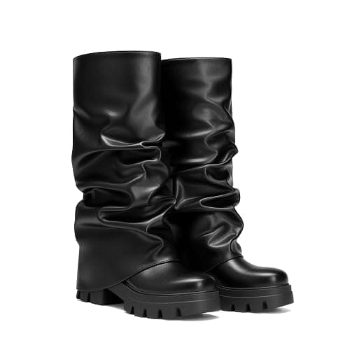 DREAM PAIRS Women's Fold Over Platform Chunky Heel Boots For Concerts Wear Ruched Mid Calf Slouchy Fashion Boots with Wide Calf Fit - Image 1