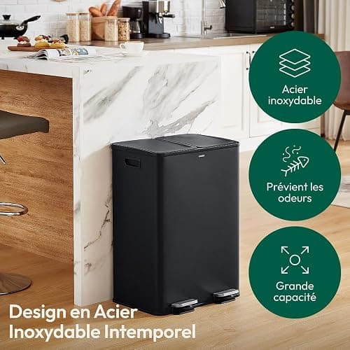 CASABEL Poubelle Cuisine Tri Sélectif 60L - 2 x 30 Litres, Double Compartiments 2x30L, Acier INOX Noir, Poubelle Recyclage Rectangulaire à Pédales, Anti Traces, Anti Odeurs, Entreprise Française thumbnail 3