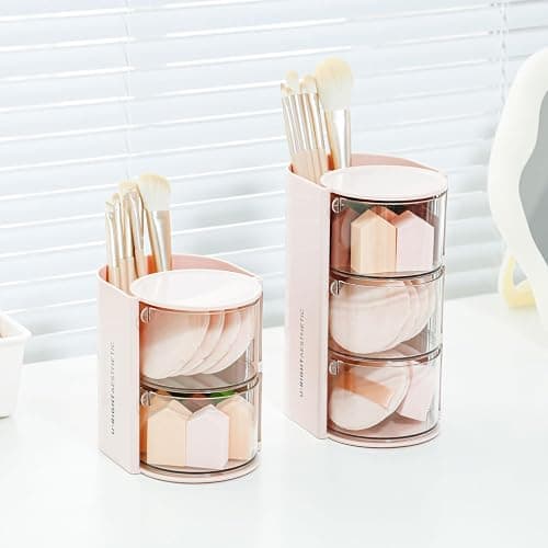 FABROK 2-Layer Clear Hair Accessories Organizer with Hair Brushes Holder, Rotatable Small Jewelry Box for Necklaces、Earring, Desktop Organizer Case for Hair Accessories, Cotton Swab(Pink) thumbnail 7