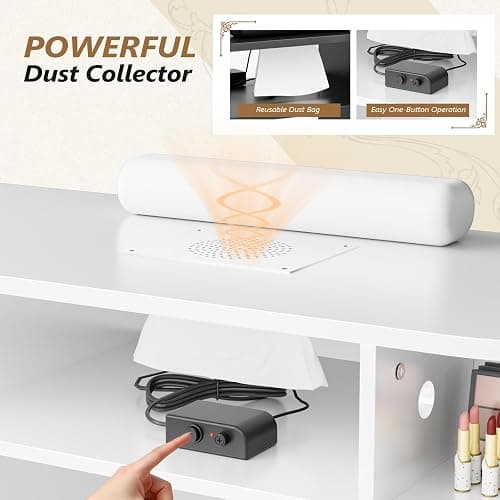 OmySalon Nail Desk for Nail Tech with Electric Dust Collector – Rattan Manicure Table, Professional Salon Station with Display Rack, Storage Drawers, Acetone Resistant Surface & Wrist Cushion (White) thumbnail 4