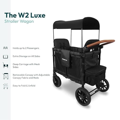 WONDERFOLD W2 Luxe Stroller Wagon (2 Seater) - Collapsible Wagon Stroller with Seats with Magnetic Buckle 5-Point Harnesses and Adjustable Sun Canopy, Volcanic Black thumbnail 4