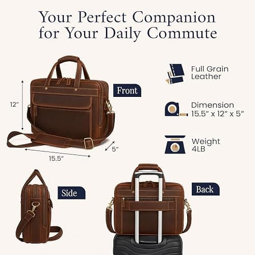 Luxorro Full Grain Leather Briefcase for Men, Top Choice Gifts, Handcrafted Laptop Bag with Multiple Compartments and Brass Hardware, Fits 15.6 Inch Laptop thumbnail 3