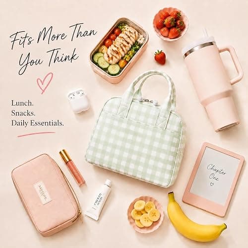 LOVELYWIND Lunch Box for Women, Insulated Lunch Bag, Green Gingham Lunch Tote thumbnail 7