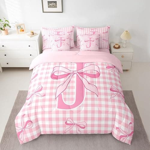 Feelyou Pink Bow Comforter Set with Sheets 7 Piece Full Size Cute Checkered Bowknot Bedding Set for Kids Boys Girls Personalized Initial J Bed in a Bag Room Decor Soft Lightweight Microfiber thumbnail 2