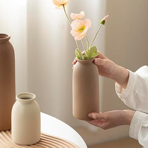 10.4 inches Tall Decorative Ceramic Vase Set, 3 Pieces, Nordic Modern Boho Style, White, Modern Farmhouse for Home Decor (Coffee Mix) thumbnail 6