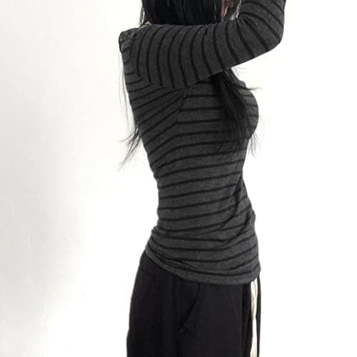 Women Striped Long Sleeve Grunge Shirt Tops Off The Shoulder Y2K Gothic Aesthetic Fairy T Shirts Vintage Tee Fall Clothes thumbnail 3