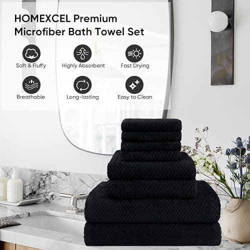 HOMEXCEL 8 Piece Bath Towel Set, Microfiber Bathroom Towel - 2 Bath Towels, 2 Hand Towels, and 4 Wash Cloths, Super Soft, Highly Absorbent Towels for Bathroom, Gym, Hotel, and Spa (Black) thumbnail 5