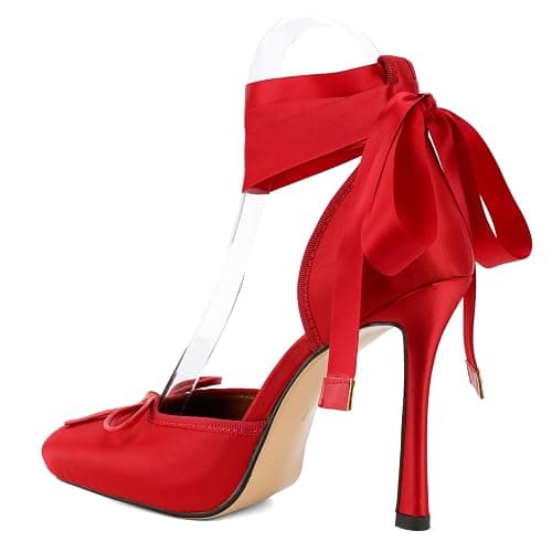 JilTrdWei Women's Ballet Heels for Women, Satin Ballerina High Heels with Ribbon Lace-Up, Square Toe Mary Jane Stiletto Heels for Party, Wedding & Formal Dress thumbnail 6