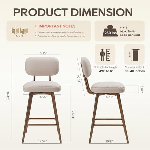 MALOL 26“ Swivel Bar Stools Set of 4, Mid Century PU Leather Counter Height Bar Chairs with Low Back and Metal Legs, Modern Bar Stool Chair for Kitchen Island, Beige thumbnail 2
