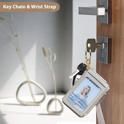 M-Plateau Wallet, Womens card Holder Leather Keychain Wallet With Zipper Coin Pocket ID Window Wrist Strap Gift Box (Beige) thumbnail 2