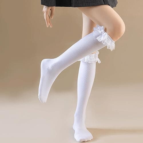 AMHRLINGTO Women's Lace Ruffle Frilly Ankle Socks - Girl Cotton Knee High Socks with Bow Lace Ruffle Trim thumbnail 3