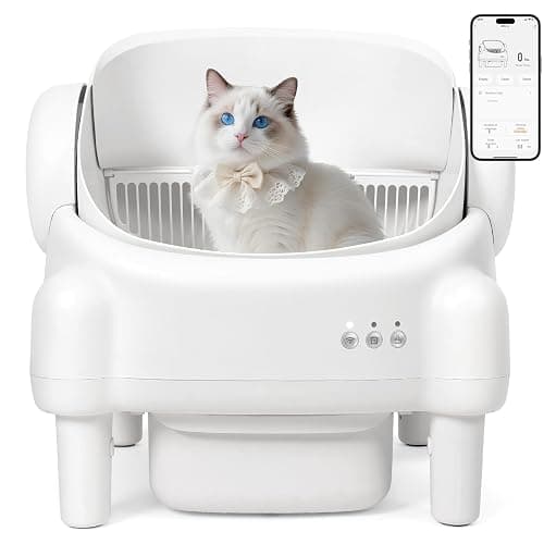 Self Cleaning Litter Box,Open Top Automatic Litter Box with App Control for Multiple Cats, Safety Sensors Protection, Odor Control Includes 2 roll Liners,Large Waste Bin, Cream White - Image 1