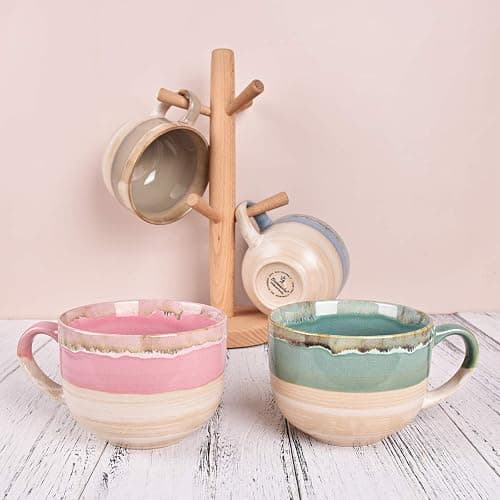 Bosmarlin Large Ceramic Coffee Mug Set of 2, Stoneware Jumbo Latte Mugs Tea for Office and Home, 16 Oz, Dishwasher and Microwave Safe(Pink, 2) thumbnail 7