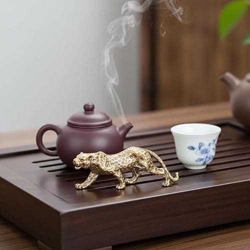 Veemoon Brass Gold Leopard Ornament Fengshui Metal Panther Figurines Table Lucky Animal Stuate Small Wealth Leopard Sculpture Mini Jungle Decoration for Office Tearoom Cupboard Decor thumbnail 2