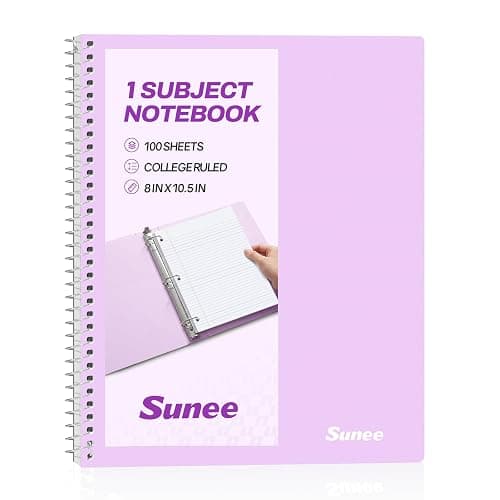 SUNEE Spiral Notebook, 1-Subject, College Ruled Paper, 8" x 10-1/2", 100 Sheets per Notebook, 3-Hole Punched Paper, Water Resistant Cover, Double-sided Pockets, Spiral Lined Notebooks for Work, Purple - Image 1