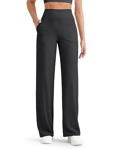 G4Free Breathable Ribbed Women Casual Wide Leg Pants with Pockets Lightweight High Waist Yoga Pants Petite/Regular/Tall