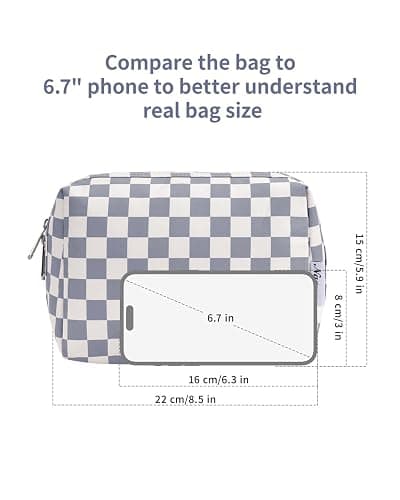 Narwey Checkered Makeup Bag Travel Cosmetic Bag Organizer Toiletry Bag Make Up Bags with Compartments for Women Girls (Large, Grayish Blue Checkerboard) thumbnail 5