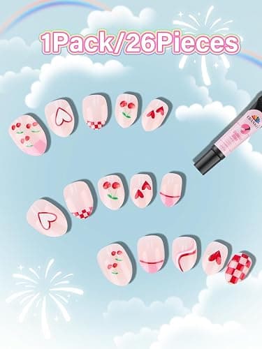 EBANKU 1 Pack Kid Fake Nail Kit, 24 Pieces Press on Nails for Kids Cherries Press on Nail Short False Nail Kits for Kids Girls thumbnail 3
