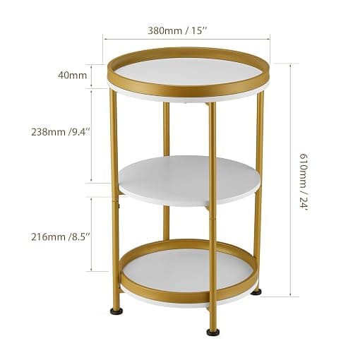 YEAKOO Nordic End Table, 3-Tier Round Side Table with Storage Shelf Edge Protection Tray, Sturdy Metal Frame Coffee Table Bedside Table for Living Room Bedroom Small Spaces (White & Gold) thumbnail 3