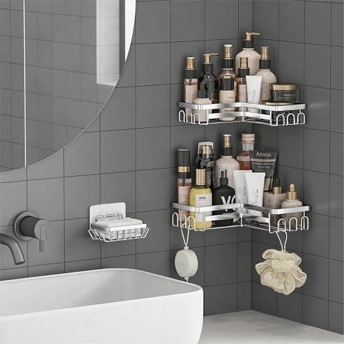 Flyrat 3 Pack Adhesive Corner Shower Caddy Shelf Organizer Rack, No Drilling Stainless Steel Shower Storage Rack with Hooks for Bathroom Storage & Home Decor thumbnail 6