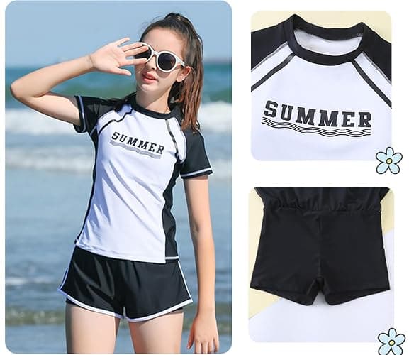 KORADI Girls Swimsuits Rash Guard Swim Set Kids Two-Piece Bathing Suits Teen Swimwear Beach Shorts Sun Protection Swim Shirts thumbnail 5