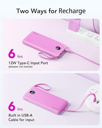 VRURC Portable Charger 10000mAh, Travel Essentials Battery Pack, 5 Output 2 Input Power Bank, Built-in Micro & USB C Cables Phone Charger Compatible with iPhone,Samsung,Android-Purple(1 Pack) thumbnail 6