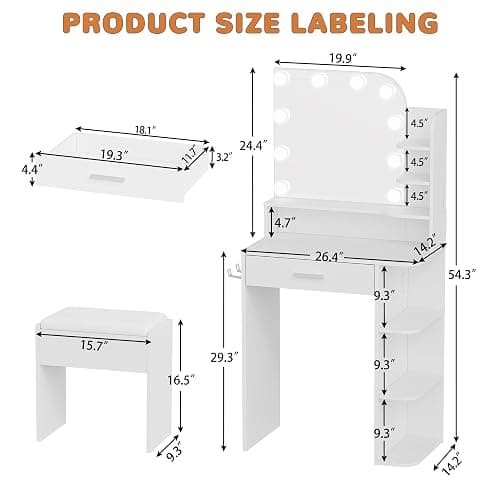 wanan Makeup Vanity with Chair, Small Vanity Desk with Mirror and Lights 3 Colors, Girls Vanity Set with Power Outlet, Compact Vanity Table for Small Space, White thumbnail 2