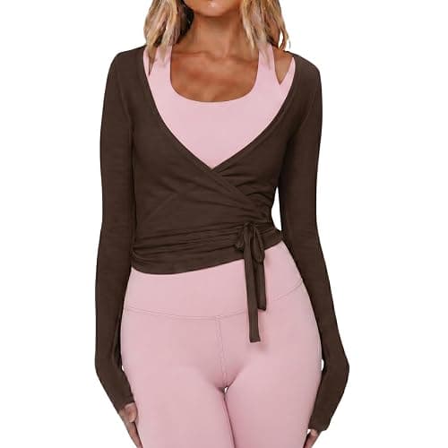 Women Wrap Top Long Sleeve Deep V Neck Cross Tie Workout Ballet Pilates Yoga Shirt - Image 1