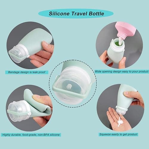 18 Pcs Travel Bottles for Toiletries Gym TSA Approved, Leak Proof with Bandage Silicone Squeezable 3oz for Toner Shampoo Conditioner Lotion Body Wash with Funnel Toothbrush Cover Tag and Wash Bag thumbnail 4