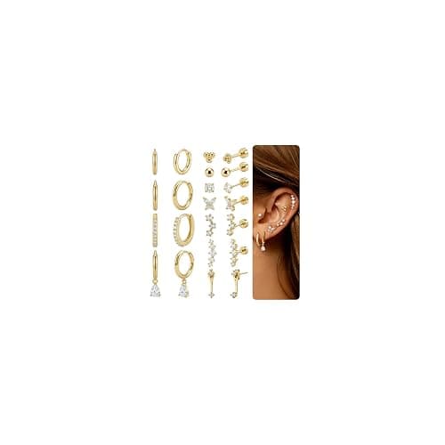 DEWEN Hypoallergenic Flat Back Earrings Set for Women | Cartilage Earrings Stacks | 14K Gold Plated Surgical Steel Studs | Hoop Earring Sets for Women | Small Helix Flatback Studs for Ear Piercing - Image 1