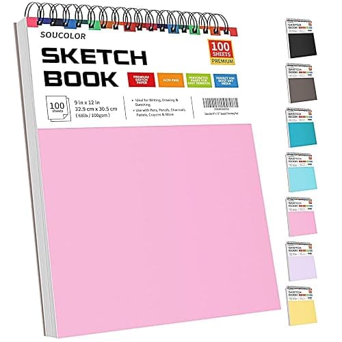 Soucolor Cute Sketch Book 9" x 12" Drawing Paper,Pink Teen Girls Sketchbook | 100 Sheets,68lb Acid-free paper,No Bleed-through,Micro-Perforated,Lay-Flat Top Spiral,Great Gift for Women,School Art - Image 1
