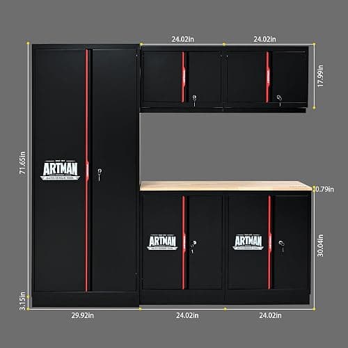 S.Walt Pre-Assembled Garage Storage Cabinet System, No Assembly Required, 6-Piece Workshop Cabinet Set in Black & Red with LED Lights, Wood Worktop, Key Locks, Adjustable Doors and Legs thumbnail 2