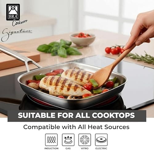 Bra Signature Stainless Steel Grill Pan 24cm. Suitable for All Hobs and as Induction Hob Griddle Pan. Fully Stainless Steel with Stripes. Non Toxic Cookware thumbnail 6