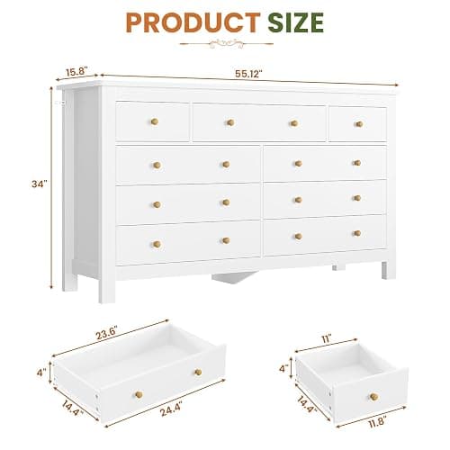 Hasuit White Dresser for Bedroom with 9 Drawers, Modern 55.1" Long Dressers Chest of Drawer with Large Drawers, Large Capacity Storage Organizer Cabinet, Wide Dresser for Bedroom, Living Room, Hallway thumbnail 2
