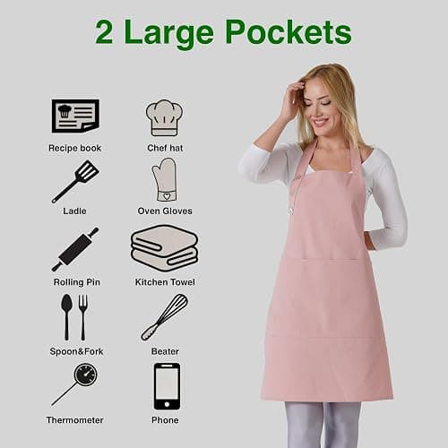 TOSHE Kitchen Apron Waterdrop Resistant Cotton Apron with adjustable Aprons for Women with Pockets 10 Color option Cooking Powder Pink Apron (Powder Pink) thumbnail 2