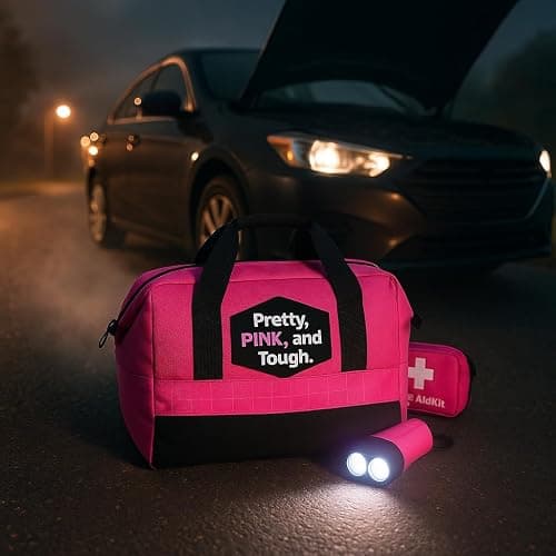 Pretty Pink Roadside Emergency Kit for Women & Teen Girls - Heavy-Duty Jumper Cables, First Aid Kit, Safety Tools, Flashlight, Ice Scraper - Complete Car Safety Bag with 5-Year Warranty thumbnail 7
