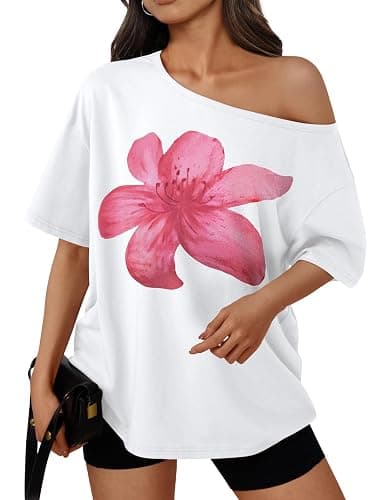 Trendy Queen Womens Off the Shoulder Tops Oversized Summer Spring T-Shirts 2026 - Image 1
