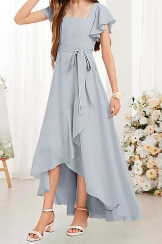 Augday Short Sleeves Junior Bridesmaid Dresses for Wedding Chiffon Flower Girl Dress for Wedding Party Pageant Gown thumbnail 4