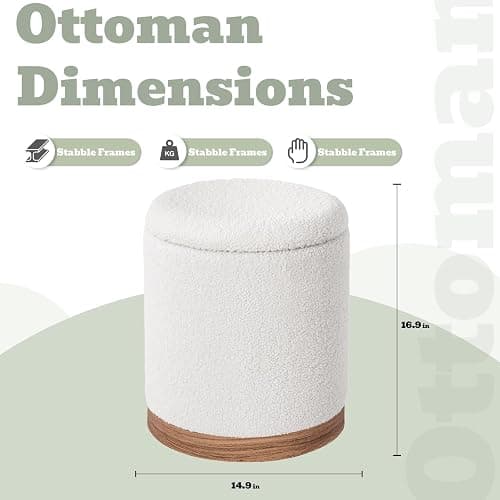 Joveco Round Storage Ottoman with Removable Lid, Boucle Small Upholstered Padded Vanity Foot Rest Stool for Living Room, Bedroom, Dorm, White with Oatmeal Wood Grain Trim thumbnail 3