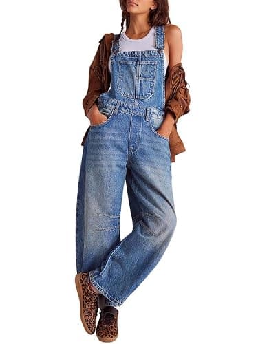 utcoco Womens Denim Overalls Loose Fit Barrel Leg Adjustable Strap Hip Hop Jean Jumpsuits - Image 1