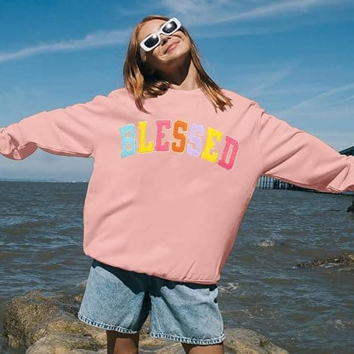 MNLYBABY Oversized Blessed Sweatshirt Women: Christian Shirt Blessed Chenille Pullover Fall Long Sleeve Tops - Pink - Medium thumbnail 2
