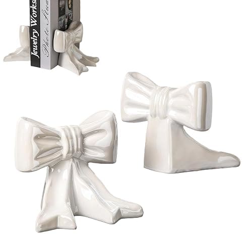 Butterfly Book Ends Set of 2 - White Ceramic Decorative Bookends for Shelves, Cute Butterfly Design, Non-Slip Base, Perfect for Home Library, Office & Kids Room, Decorative & Functional Book Holders - Image 1