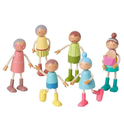 Giant bean Wooden Family Dolls Set of 7 for Dollhouse, Dollhouse People Miniature Dollhouse Accessories Toy for Boys Girls Kids Pretend Play 3 Years up - Dollhouse Family Dolls - Image 1