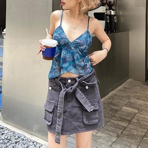 Women's Retro Printed Halter Top,Mesh Pleated Strappy Neck,Stylish Sleeveless Slim Top Base Layer thumbnail 3