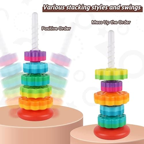 JUXUE Baby Spinning Stacking Toys for Toddlers 1-3, Rainbow Ring Stacker Montessori Toys for Babies 6-12 Months, 1 2 3 One Year Old Girl Boy Christmas Birthday Gifts, Autism Sensory Learning Toy thumbnail 3