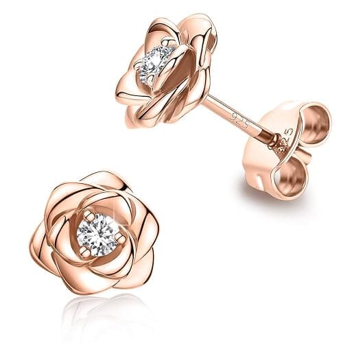 Gold Plated Sterling Silver Rose Flower Earring Studs, Hypoallergenic & Nickel Free Earrings for Women - Image 1