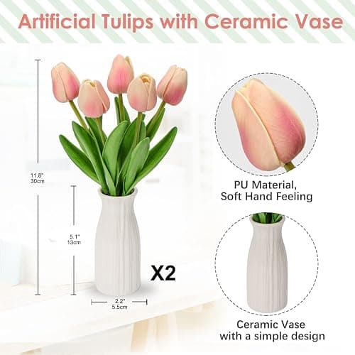 Briful 2 Packs Faux Flowers Artificial Tulips with Ceramic Vase, Poly Foam Pink Tulips Real Touch Flower Arrangement for Home Kitchen Wedding Centerpiece Decoration thumbnail 3