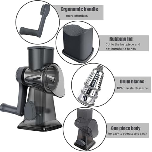 Rotary Cheese Grater Shredder with Handle Handheld Round Mandoline Vegetable Slicer Carrot Shredder Nut Grinder with 3 Replaceable Stainless Steel Drum Blades and Upgrade Strong Suction, Dark Grey thumbnail 5