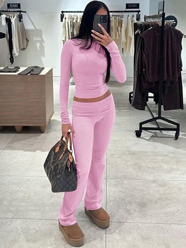ZFLM Casual Workout Two Piece Outfits Long Sleeve High Waist Fold-Over Flared Leggings Pants Tracksuit Sets Streetwear thumbnail 2